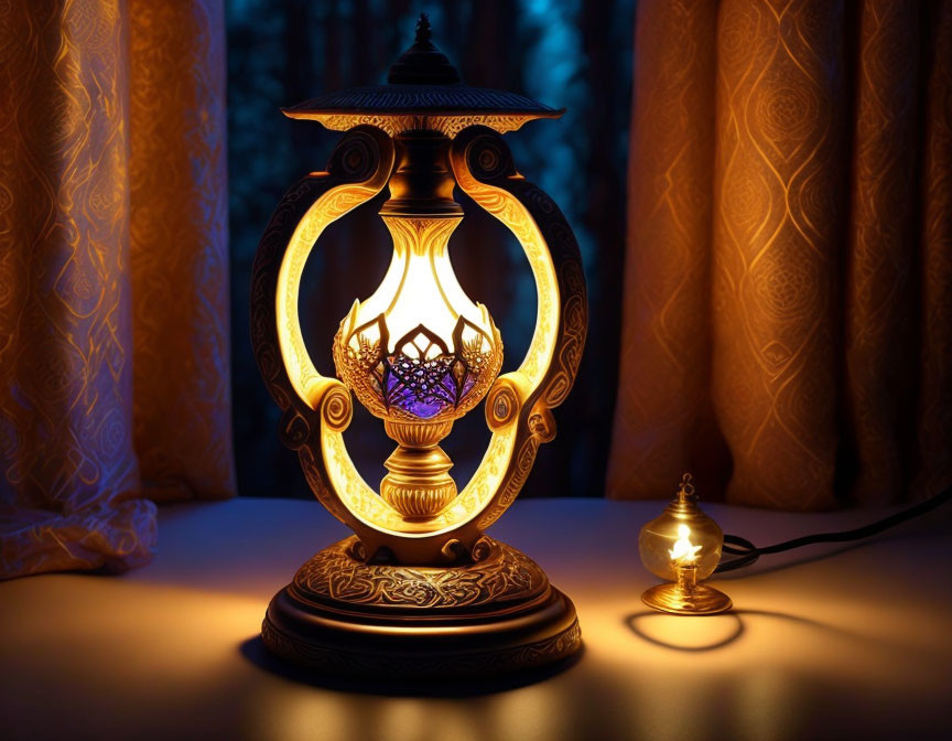 Vintage-Style Lamp Emitting Warm Glow on Wooden Surface
