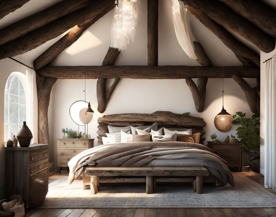 Rustic attic bedroom with wooden beams and cozy decor