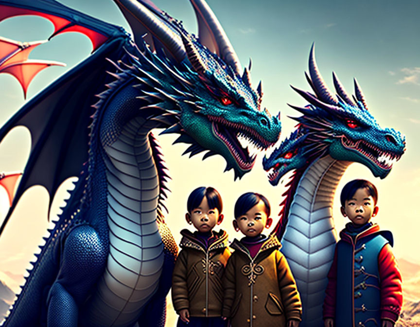 Three children with two majestic blue dragons under a vibrant sky