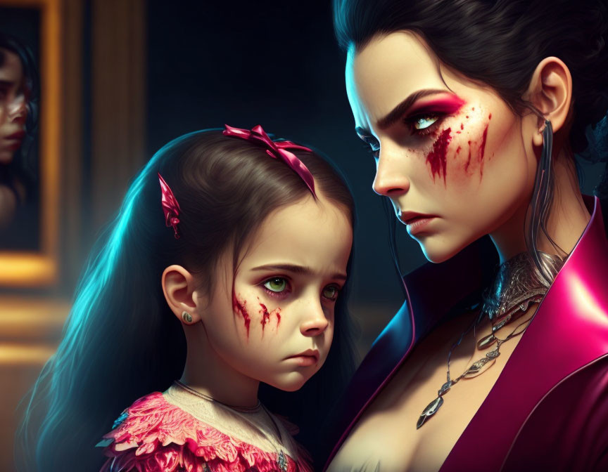 Digital art: Woman and girl share striking facial features with blood under one eye.