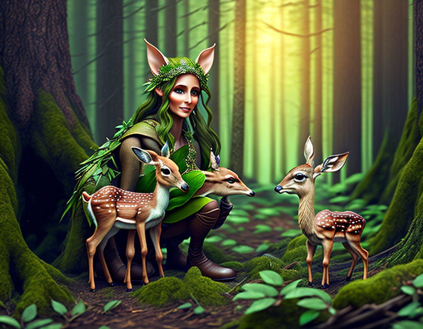 Enchanted forest with woman, elf ears, green cloak, and fawns