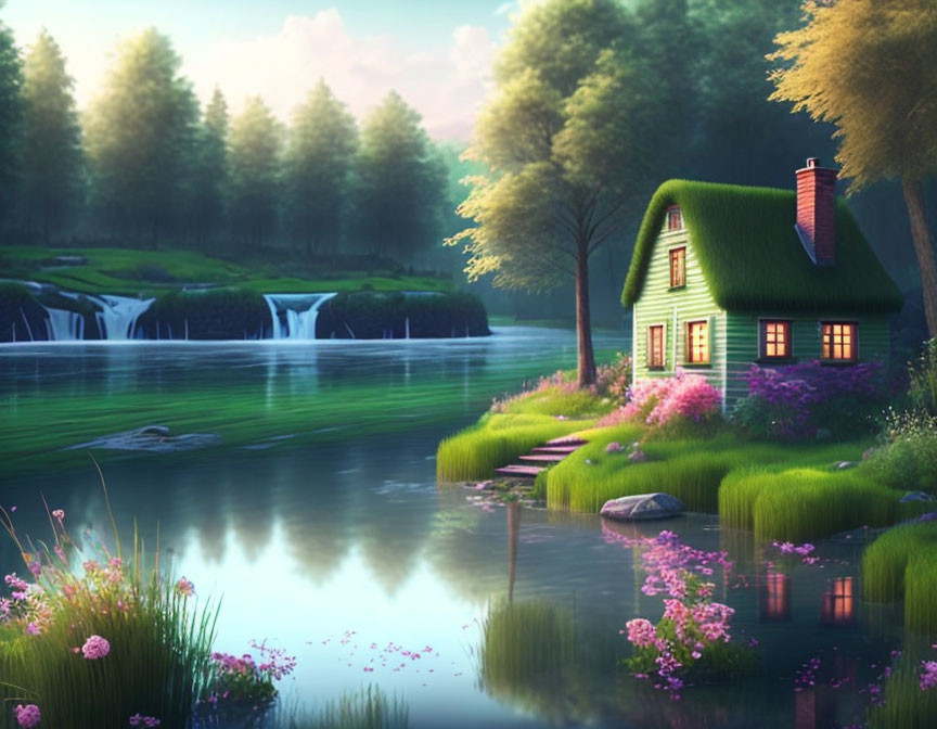 Green-roofed cottage by serene lake with waterfalls and lush trees