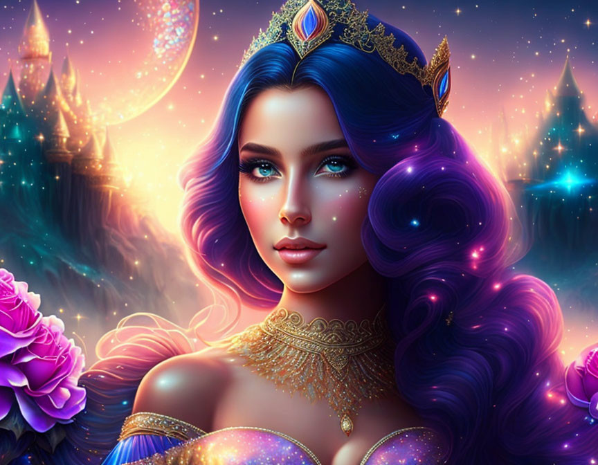 Fantasy queen digital artwork with purple hair and tiara