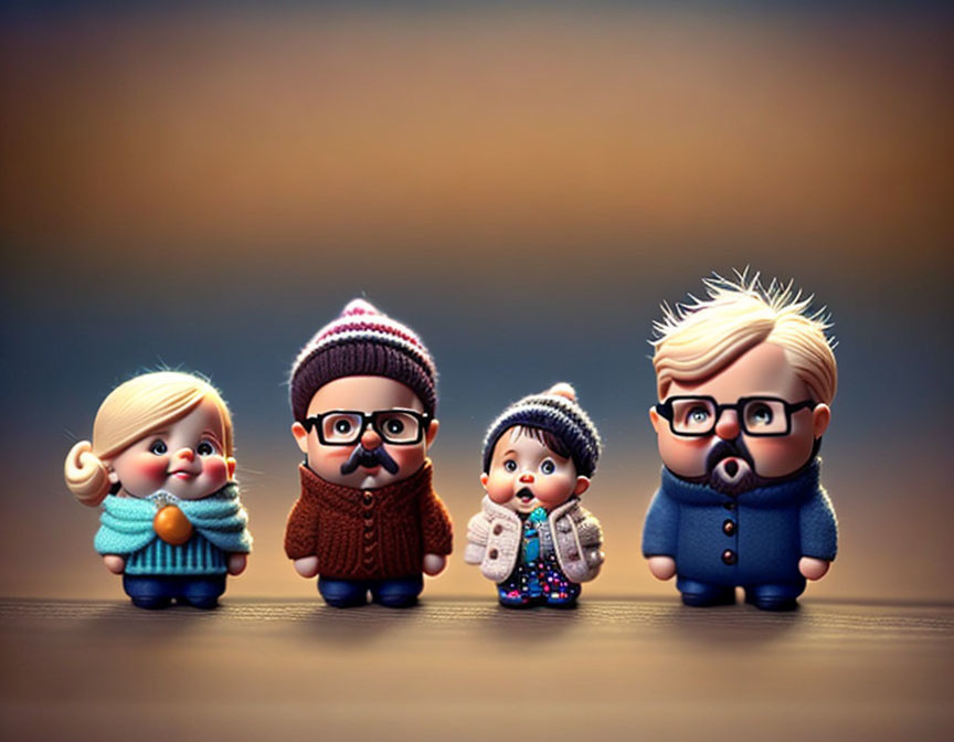 Four Cartoon-Style Winter Figurines on Wooden Surface