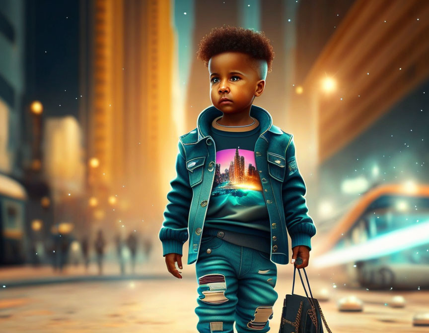 Child with Afro Hairstyle in Futuristic Cityscape with Denim Jacket