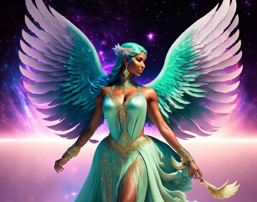 Fantastical digital artwork: majestic figure with white wings, turquoise hair, teal & gold dress in