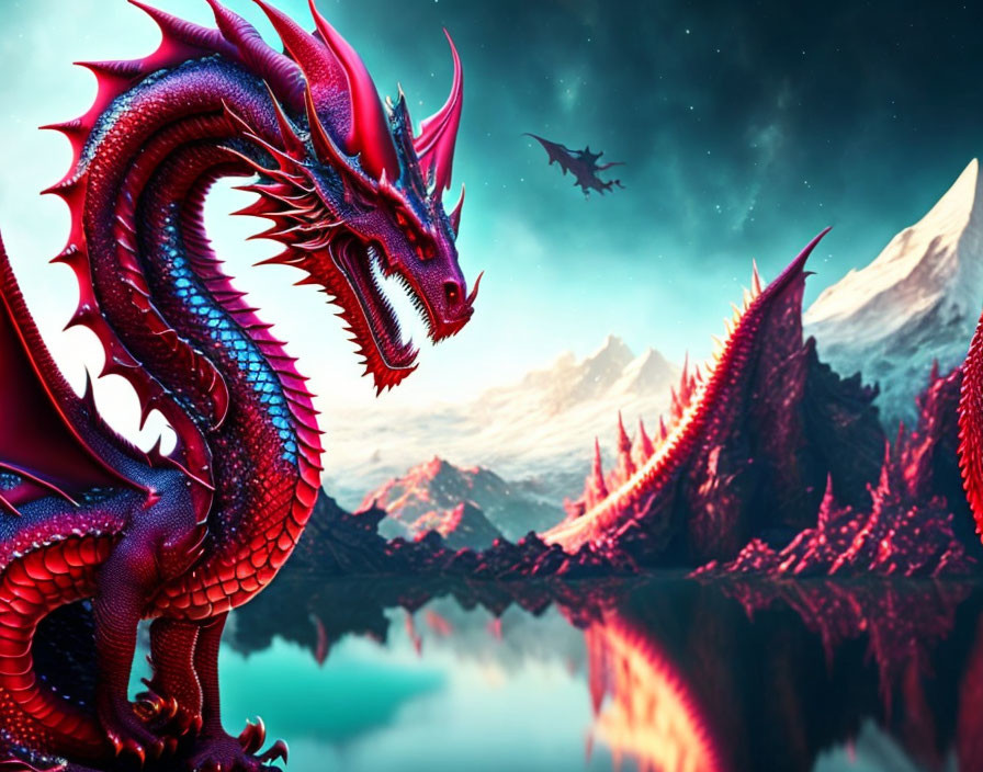 Red dragon with spikes near lake, snowy mountain, starry sky