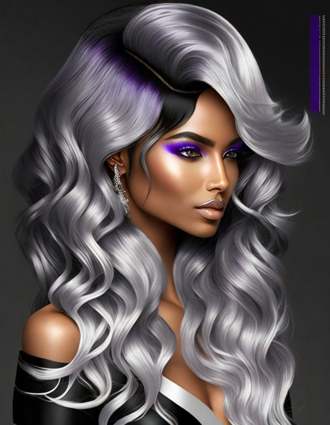 Digital illustration of woman with silver hair and purple highlights in off-shoulder outfit