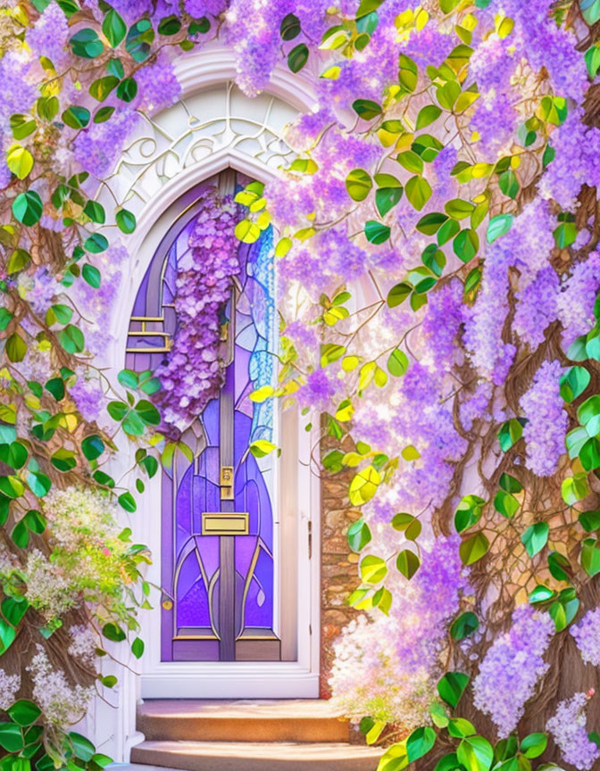 White arched doorway with purple wisteria and green leaves in natural light