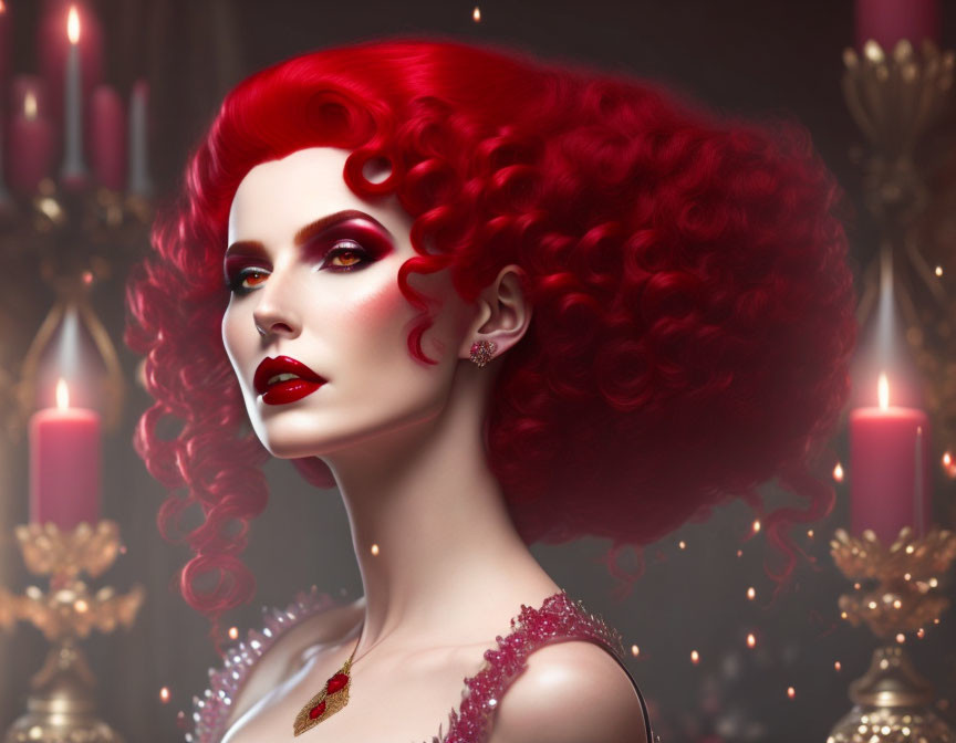 Vibrant red hair woman surrounded by lit candles in elegant illustration