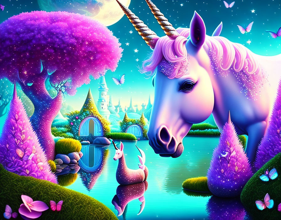 Majestic unicorn in vibrant fantasy landscape with castle, river, and night sky