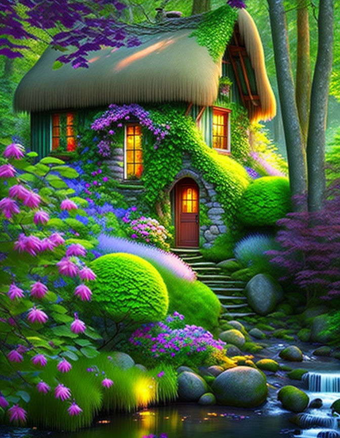 Stone cottage with thatched roof in enchanted forest surrounded by green ivy, moss, flowers, and