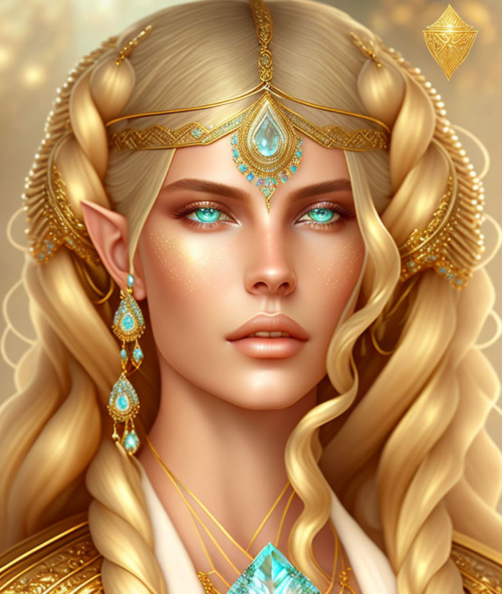 Fantasy female figure with golden hair, blue eyes, and intricate gold jewelry.