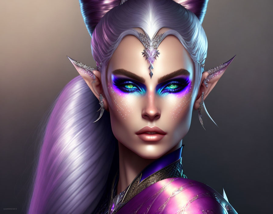 Female fantasy portrait with pointed ears, blue eyes, silver headpiece, and sparkles.