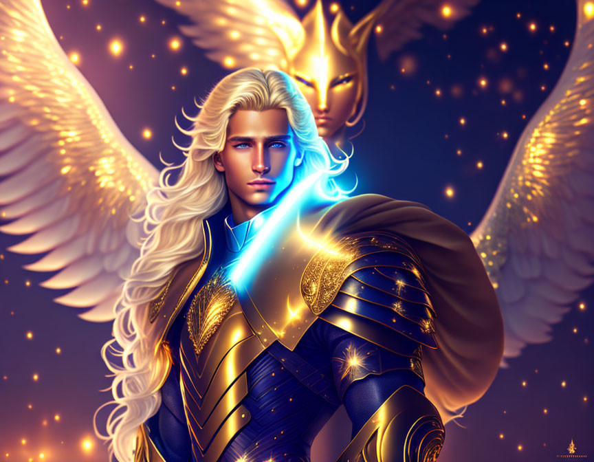 Majestic fantasy character with luminous wings and golden armor alongside glowing lion