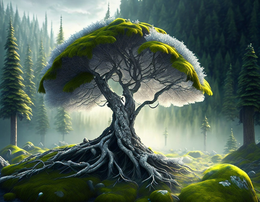 Mystical tree with mushroom-shaped canopy in foggy forest