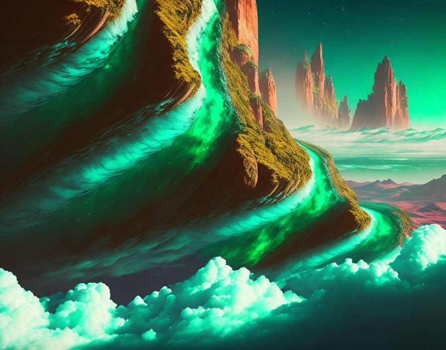 Vibrant green mountains, surreal valley, red rock formations in teal sky