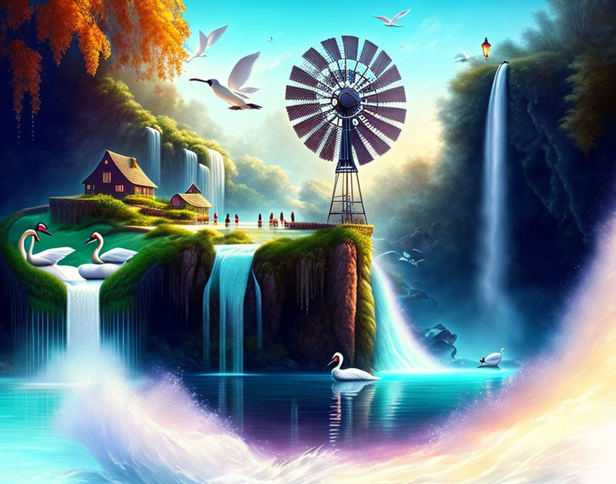 Scenic landscape with waterfalls, windmill, swans, birds, flora, and people walking