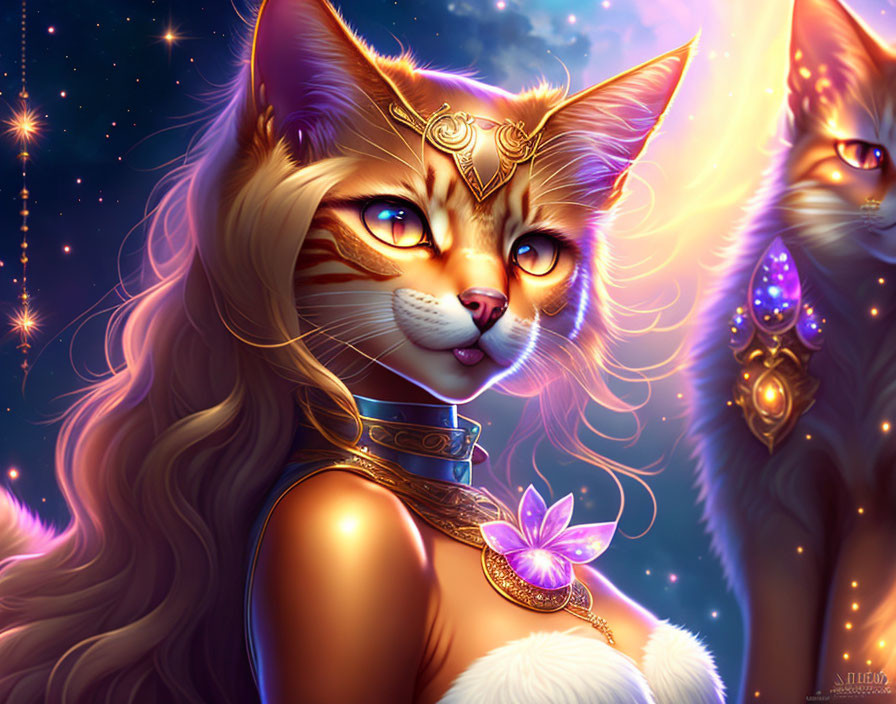 Majestic golden cat with jewelry in starry night setting