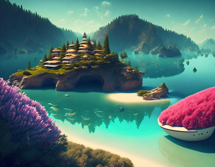 Tranquil fantasy landscape featuring serene lake, lush islands, traditional pagoda, vibrant pink flora