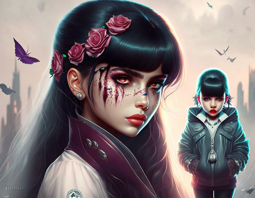 Digital artwork of woman and child with dark hair, roses, bleeding eye, and butterflies, set against