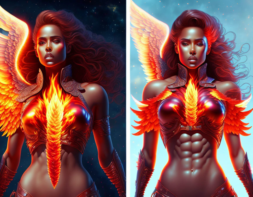 Digital artwork: Woman with fiery wings and armor in cosmic backdrop, two poses