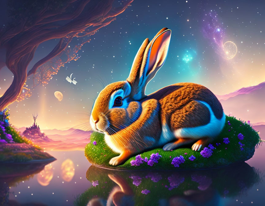 Colorful Rabbit Illustration in Enchanted Forest Scene
