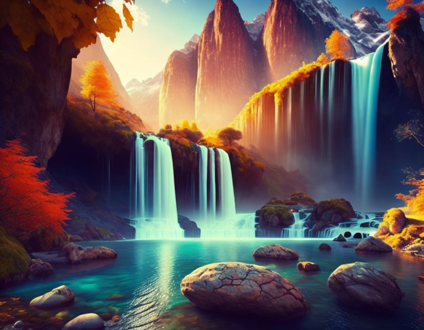 Tranquil waterfall in autumn forest with turquoise pool