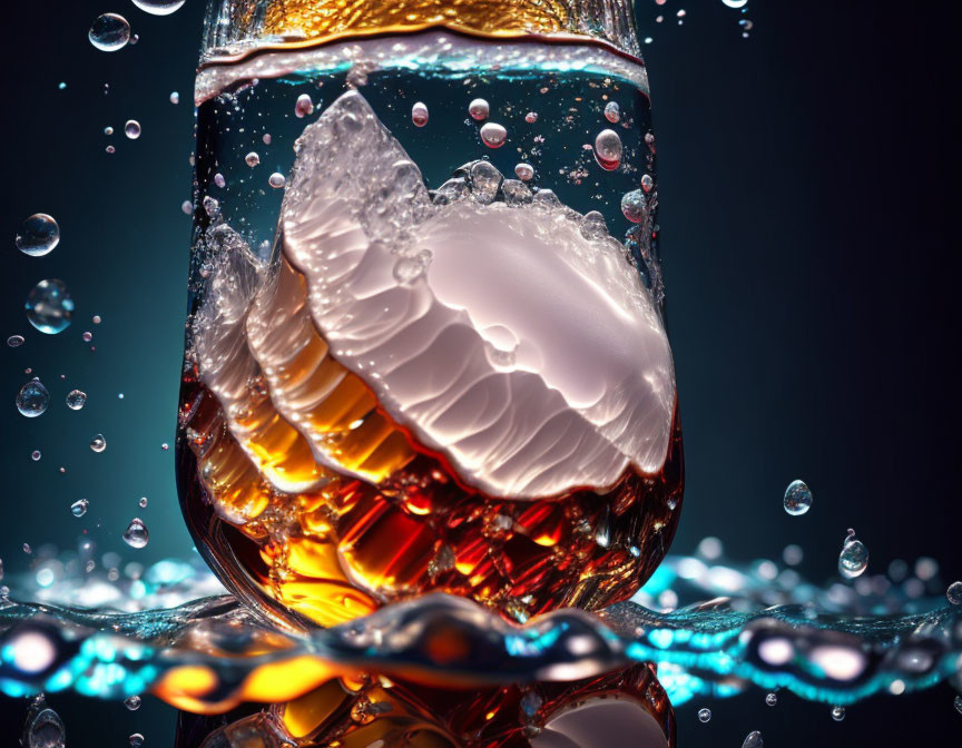 Glass of Whiskey with Ice on Dark Background and Light Reflections