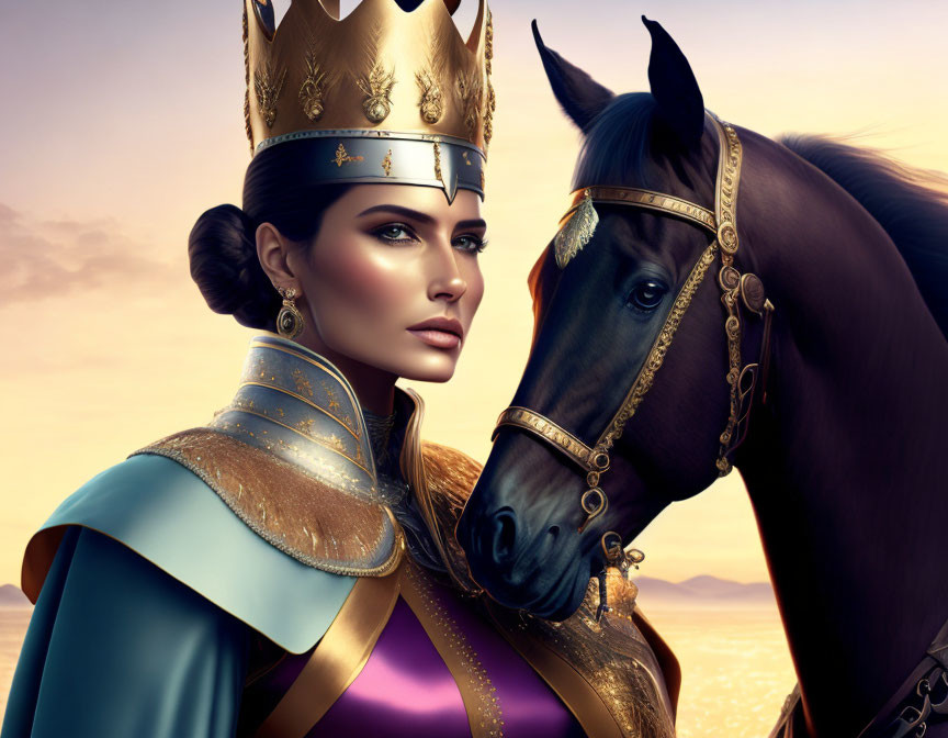 Regal woman with crown and majestic horse under twilight sky