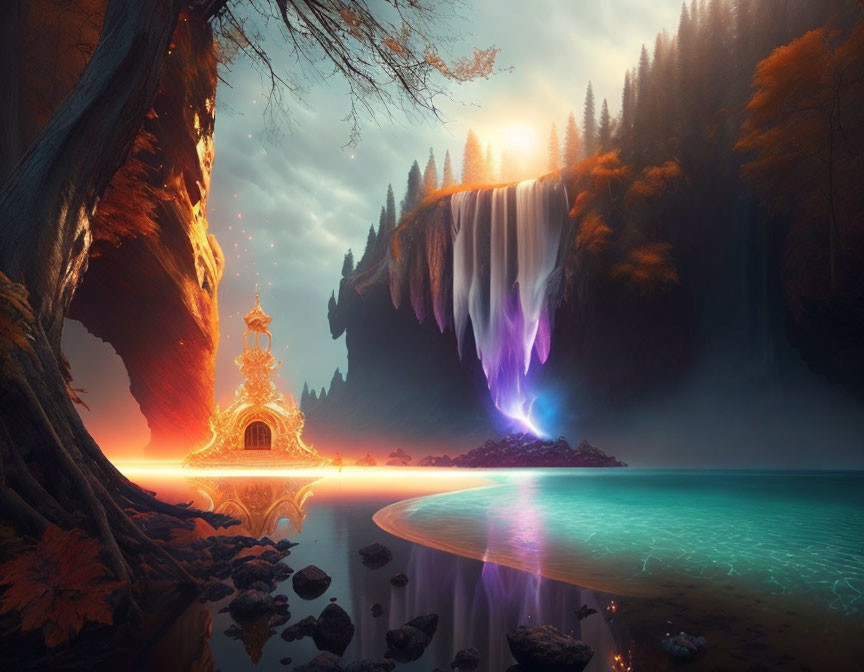 Surreal landscape with glowing waterfall, mystical temple, colorful foliage