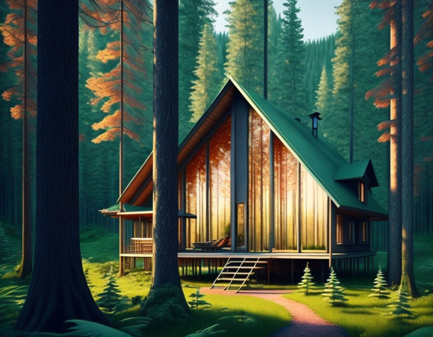 A-frame cabin with large windows in dense forest sunlight.