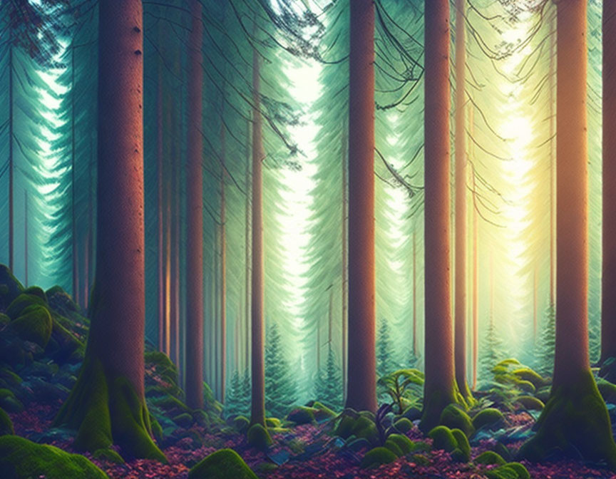 Enchanting forest scene: tall trees, soft haze, sunlight filtering through mist.