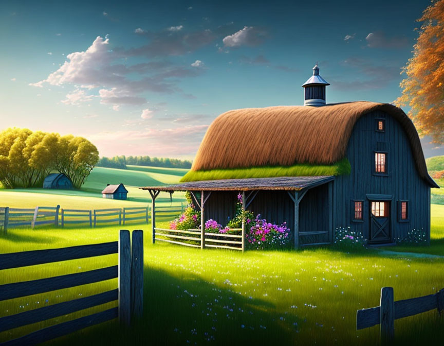 Traditional barn in lush greenery with vibrant flowers under serene blue sky