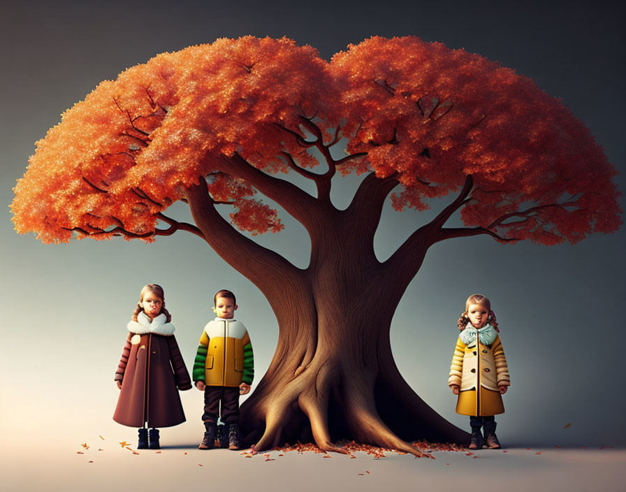 Three stylized children under large tree with red leaves in surreal autumn scene