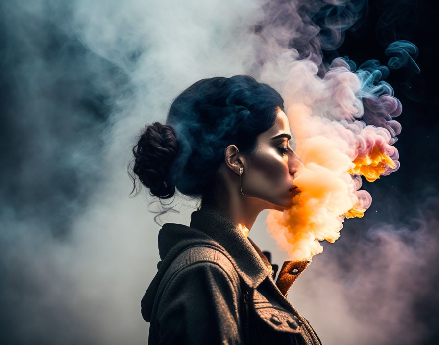 Profile of woman exhaling colorful smoke with updo hairstyle in dramatic lighting