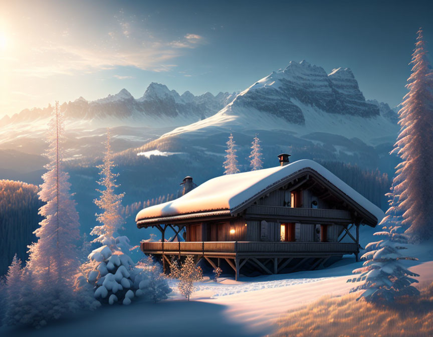 Snow-covered chalet in serene winter scene with frosty trees and glowing mountain peaks