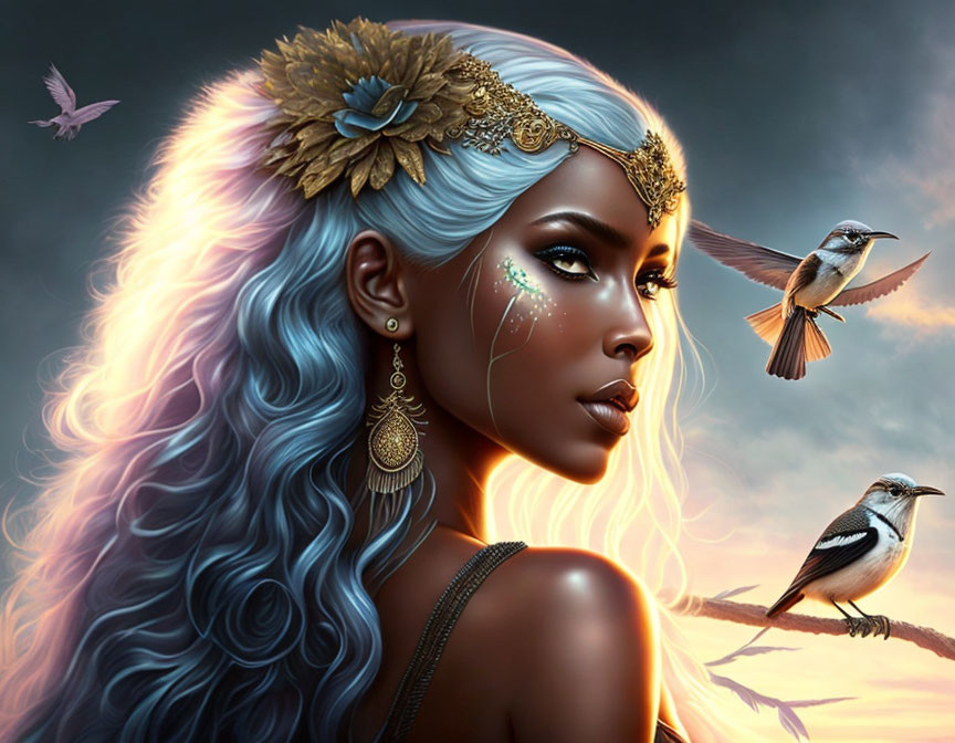 Fantasy portrait of woman with blue wavy hair and golden headpiece surrounded by birds.