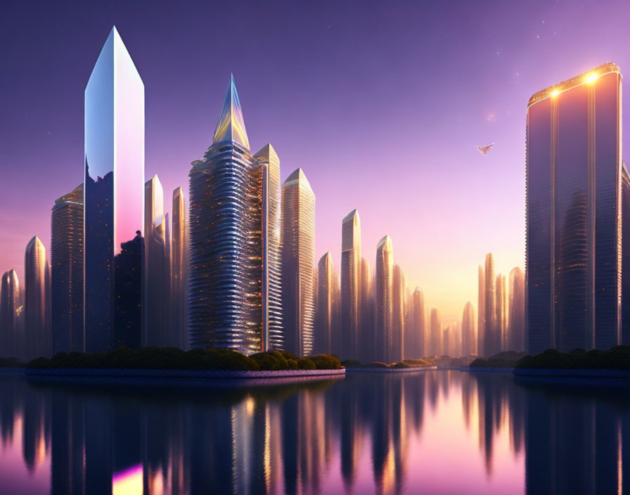 Futuristic cityscape at dusk with illuminated towers, plane in sky, and purple horizon.