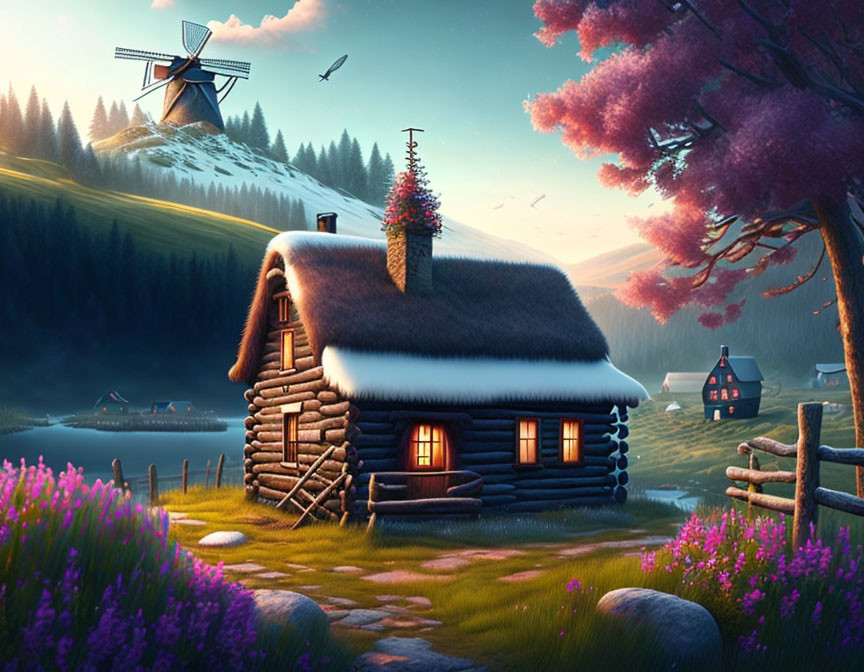 Rustic log cabin with thatched roof near serene lake at dusk