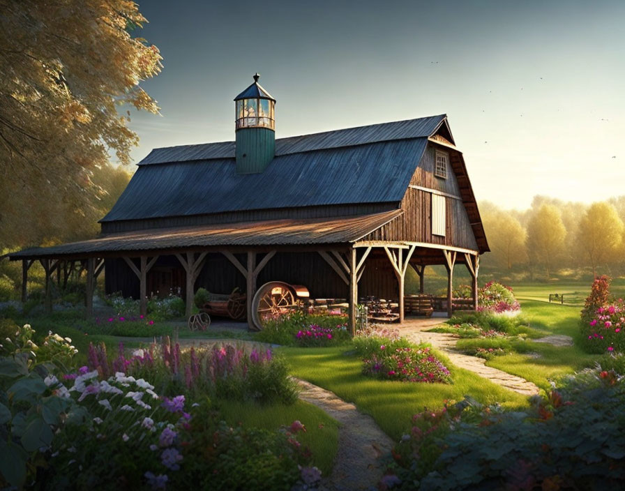 Rural barn with lighthouse, gardens, and sunrise light