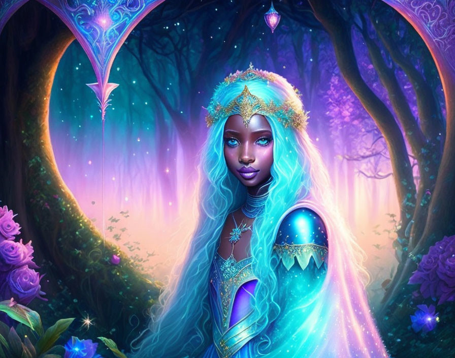 Illustrated mystical forest scene with blue-skinned woman in regal attire among glowing lights and purple foliage