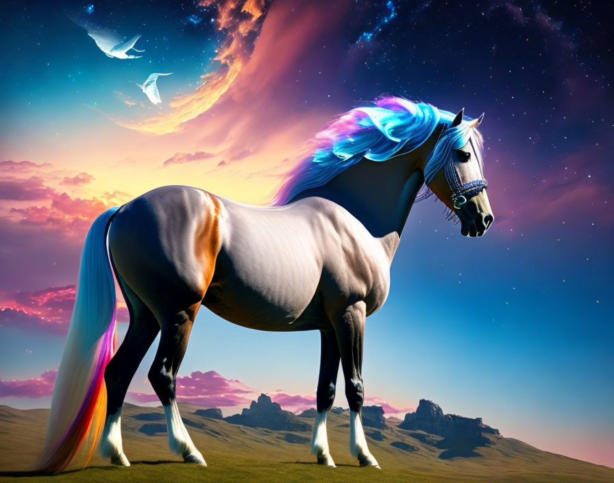 Majestic horse with multicolored mane under starry sky