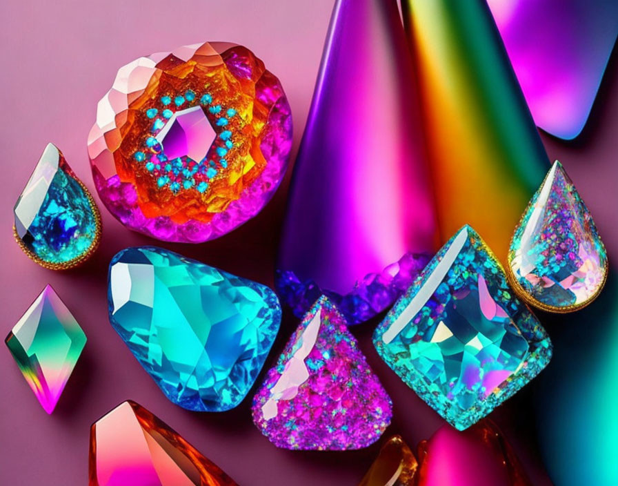 Colorful Gemstones with Sparkling Finishes on Gradient Background