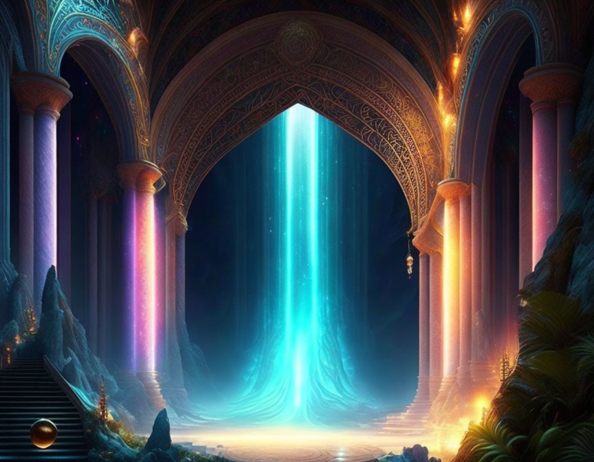 Ethereal blue light fantasy cavern with towering columns