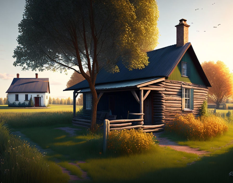 Rural sunset landscape with log cabin, golden field, and large tree