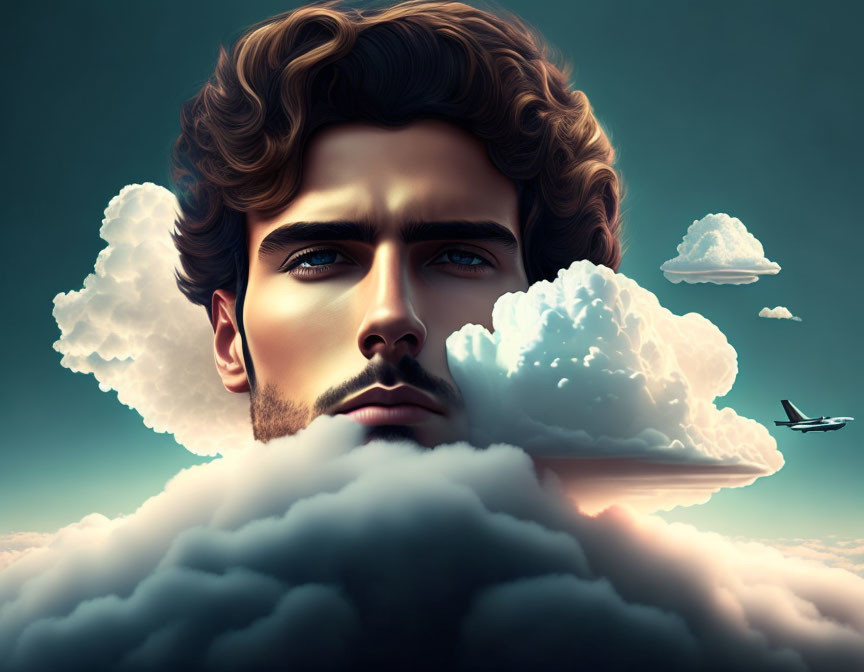 Man with Voluminous Hair Merging with Cloudscape and Airplane in Surreal Portrait