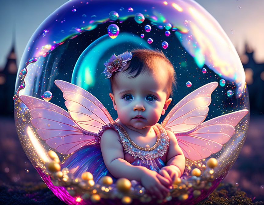 Baby with fairy wings in bubble against forest backdrop