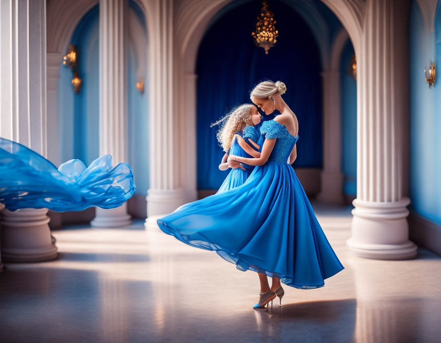 Mother and Daughter Embrace in Elegant Blue Hallway