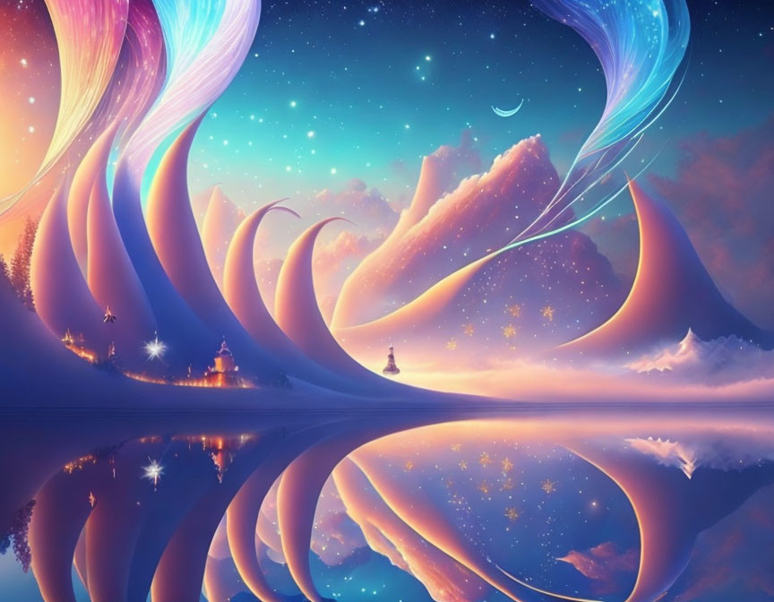 Colorful Fantasy Landscape with Sky Structures, Lake, Stars & Buildings